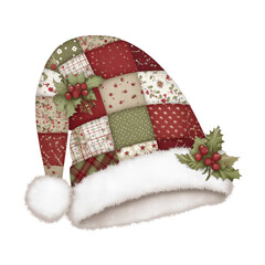 Clip art watercolor Cozy quilted Santa hat made from patchwork squares in red, white, and green holiday patterns, trimmed with faux fur and holly.Transparent Background