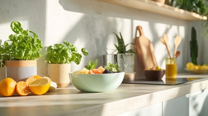 A vibrant kitchen scene with fresh ingredients. Lively herbs on the counter add freshness to the room. Enjoy cooking with inspired flavors. Generative AI