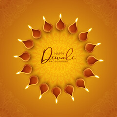 Diwali festival background with glowing clay diya lamps in circular mandala design, decorative golden floral pattern, Hindu celebration light template, Indian festival greeting vector illustration