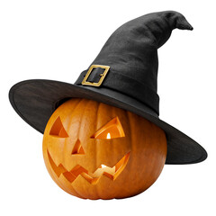 Spooky jack-o-lantern wearing a witch hat ready for halloween celebrations isolated on transparent background