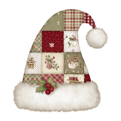 Clip art watercolor Cozy quilted Santa hat made from patchwork squares in red, white, and green holiday patterns, trimmed with faux fur and holly.Transparent Background
