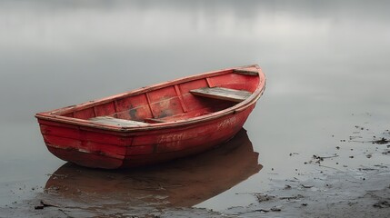 Dilapidated red rowboat rests on the water's edge, partially submerged in muddy water, with its reflection visible.