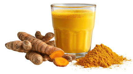 Golden turmeric milk in a glass with fresh roots and powder isolated on transparent background