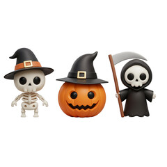 Cute halloween characters skeleton pumpkin grim reaper festive holiday figures for decoration isolated on transparent background