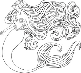 Elegant Mermaid Line Art for Adult Coloring Book or Fantasy Illustration
