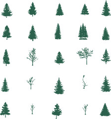 Set of pine tree forest silhouettes. Collection of evergreen coniferous woodland horizons, landscape borders, and nature skyline elements. Vector illustration for backgrounds, outdoor design, logos, a