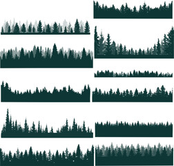 Set of pine tree forest silhouettes. Collection of evergreen coniferous woodland horizons, landscape borders, and nature skyline elements. Vector illustration for backgrounds, outdoor design, logos, a
