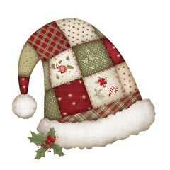 Clip art watercolor Cozy quilted Santa hat made from patchwork squares in red, white, and green holiday patterns, trimmed with faux fur and holly.Transparent Background