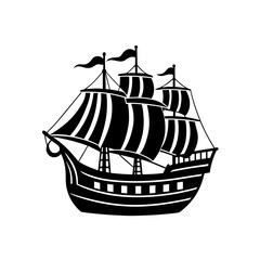 Silhouette of a classic sailing vessel ship on transparent background