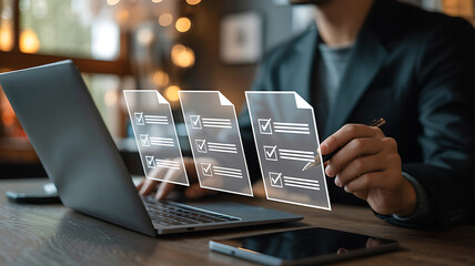 Business professional reviewing holographic financial data projected from laptop