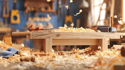 shavings. Wooden workbench with carpentry tools and a half-finished furniture piece, wood shavings scattered. safety posters.