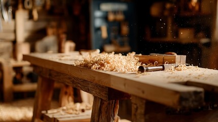 shavings. Wooden workbench with carpentry tools and a half-finished furniture piece, wood shavings scattered. safety posters.