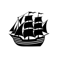 Silhouette of a sailing ship with sails up on transparent background