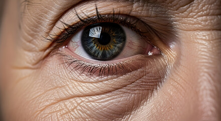 Obraz premium Macro close-up of a human eye showing intricate details of iris skin and eyelashes reflecting light for a compelling portrait.