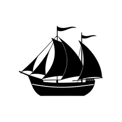 Silhouette of a sailing ship with sails up on transparent background
