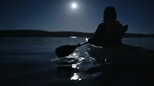 Person kayaking on water under the moon at night