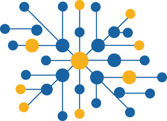 Abstract network of interconnected blue and yellow dots representing data flow and connections