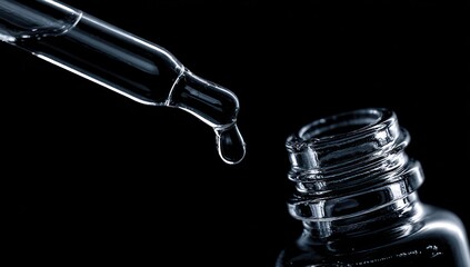 Dropper dispensing liquid into a glass bottle with a black background. Liquid drops