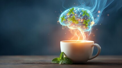 teacup. Steaming teacup with mint leaves forming brain-shaped glowing nebula above it. wellbeing guides, coaching materials, designed for mental health education and mindfulness programs.