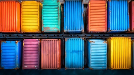 telephoto. Colorful shipping containers stacked neatly on a cargo ship deck. mobility guides, transit brochures, designed for mobility and urban transit guides, used by biotech researchers.