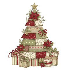Clip art watercolor Festive patchwork Christmas tree with colorful gift boxes underneath. Quilted holiday decor illustration with star topper.Transparent Background