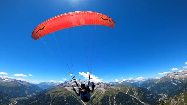 Person paragliding above scenic mountain ranges in clear blue sky