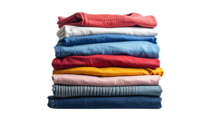 Pile of neatly folded colourful clothes on transparent background, isolated realistic photo.
