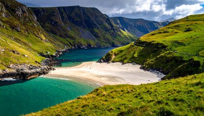 Scenic coastal view of a pristine beach nestled amongst dramatic mountains
