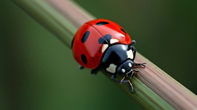 Ladybug insect resting on a green stem close up detailed natural environment