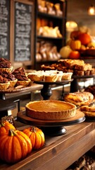 Autumn bakery counter offering a variety of fresh baked goods including pumpkin pies, fruit tarts, and pastries, creating a warm and inviting atmosphere