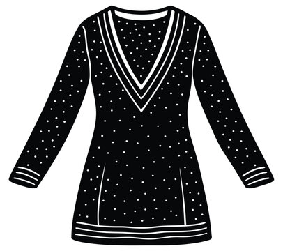 Monochromatic vector graphic of a stylish women's longline V-neck tunic with an elegant polka dot pattern and extended length sweater design