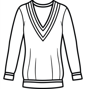 Simple line art drawing of a longline v-neck sweater with striped collar. A classic pullover clothing outline, isolated vector illustration perfect for fashion design or a coloring page