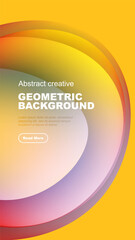Abstract geometric background features vibrant color gradients. Text block present with button. Modern design elements visible.