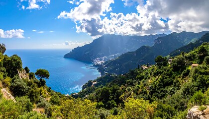 Scenic coastal view of Italian mountains and clear blue sea