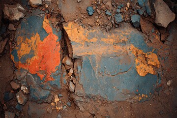 Painted stone fragments lay scattered in earthy dirt