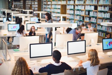Students in a library with computers, diverse group, studying, learning, library setting, computers, education, diverse students, academic environment. Students in computer class at school.