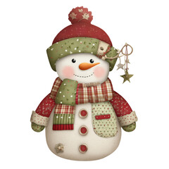 Fototapeta premium Clip art watercolor Cute Christmas snowman in patchwork fabric with a top hat, scarf, and buttons. Cozy winter holiday design.Transparent Background