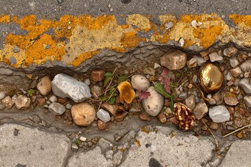 Asphalt crack filled with rocks, golden sphere, and plants