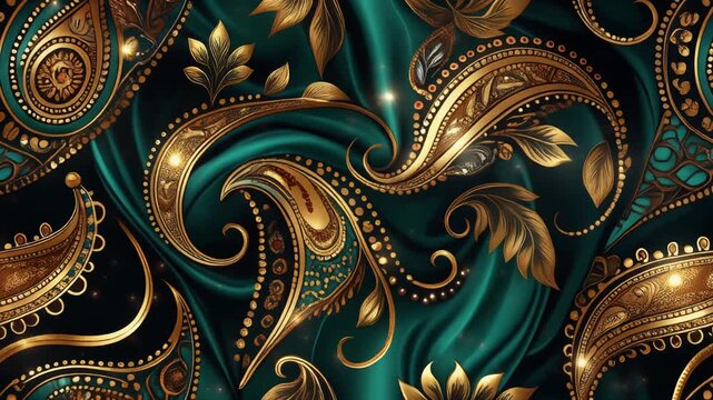Ornate gold paisley swirls and intricate filigree on a rich emerald green satin backdrop, an elegant and luxurious oriental textile design