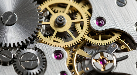 Intricate watch mechanism showing gears and jewels in close up detail