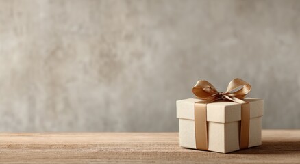Gift box with a gold ribbon sits on a wooden surface against a blurred textured background