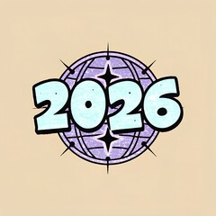 Retro style globe with 2026 text and starbursts