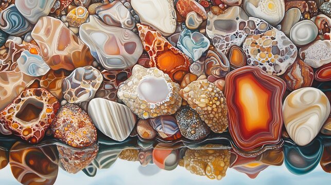 Lake superior agates painting with water reflections and detailed mineral patterns