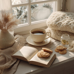 ozy winter morning with tea, cookies, book and blanket by the window