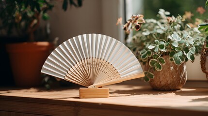 A decorative, open hand fan, made of white paper and bamboo, stands on a wooden surface, with sunlight illuminating it and the surrounding greenery, creating a tranquil and elegant indoor composition.