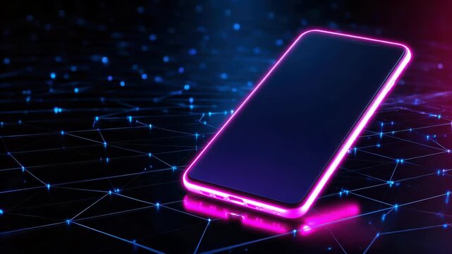 Smartphone on technology background. Neon glowing mobile phone on abstract dark background. Futuristic network connection