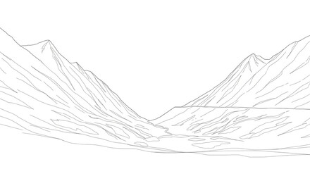 Minimalist mountain range illustration isolated on white background, showcasing a simple yet striking landscape design in monochrome
