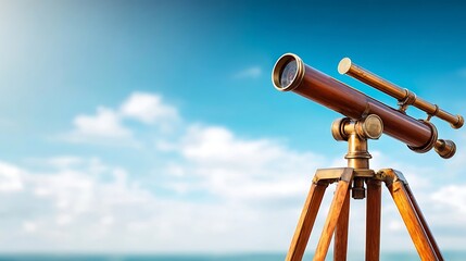 tripod. An antique brass telescope pointed towards a clear blue sky. mobility guides, transit brochures, designed for transport & logistics marketing, used by account managers.