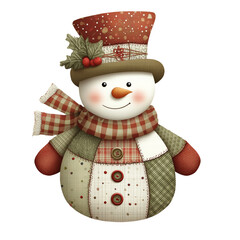 Clip art watercolor Cute Christmas snowman in patchwork fabric with a top hat, scarf, and buttons.  Cozy winter holiday design.Transparent Background