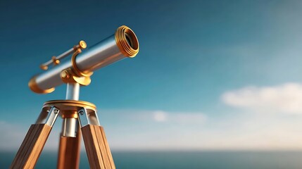 tripod. An antique brass telescope pointed towards a clear blue sky. mobility guides, transit brochures, designed for transport & logistics marketing, used by account managers.